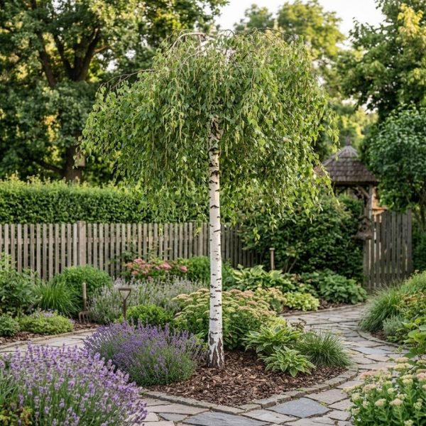 Birch tree in a manicured garden with lavender and green shrubs along a stone path.