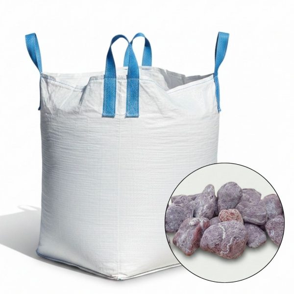 Biely big bag pre dekoračný okrúhliak Rouge Royal s detailným kruhovým náhľadom na purpurové okrasné kamene.