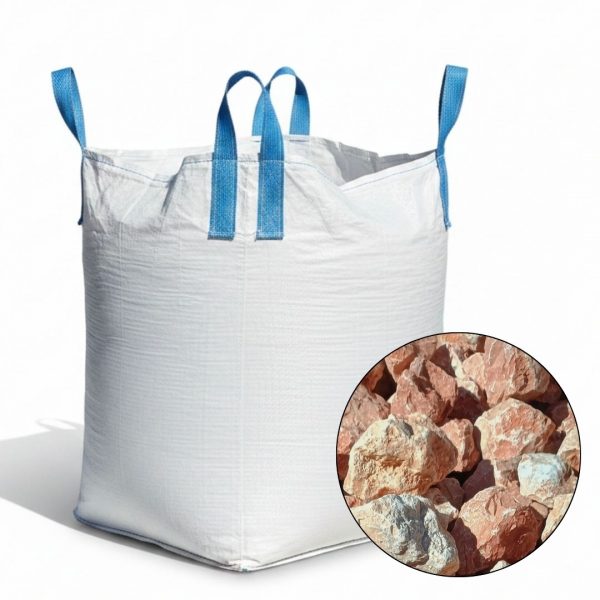 Biely veľkoobjemový vak big bag a detailný kruhový náhľad na červenkastý dekoračný štrk Rosso Verona vo frakcii 150-200 mm