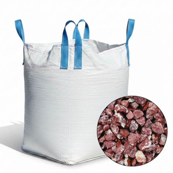 Biely big bag s modrými popruhmi a detailný pohľad na červeno-biely dekoračný štrk Rouge Royal.