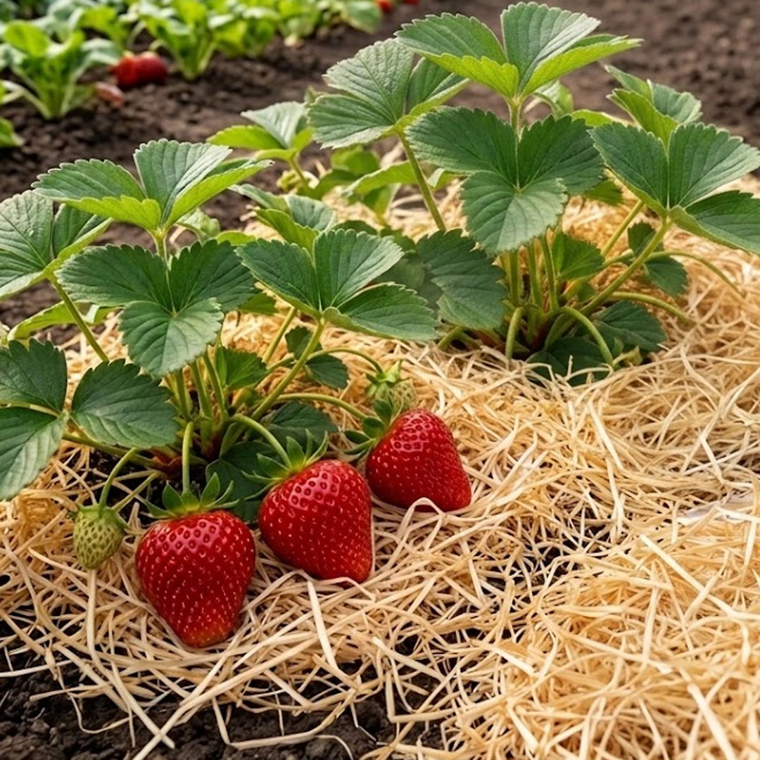 Drevovlna | záhradníctvo garden team Strawberry plants with ripe red strawberries growing among straw mulch in the garden
