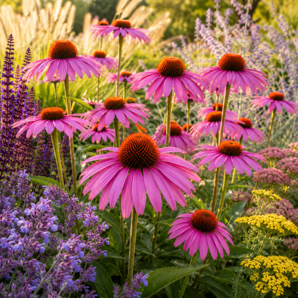 Pink coneflowers (Echinacea) in a sunny garden with purple salvia and yellow yarrow.
