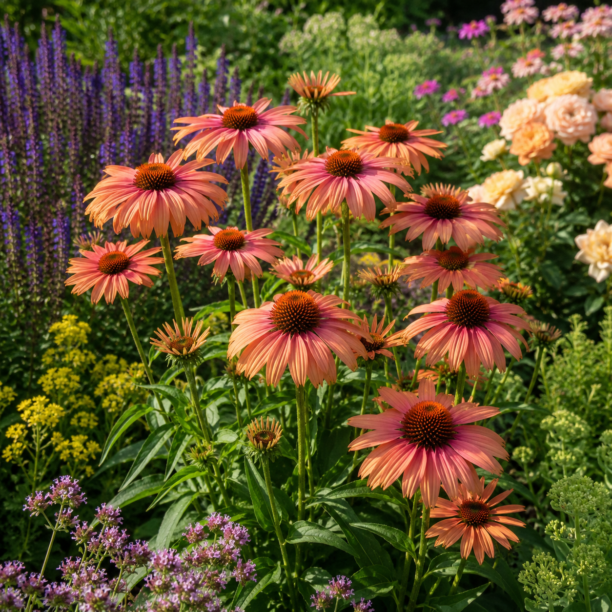 Echinacea purpurová salmon | záhradníctvo garden team Cluster of orange pink coneflowers in a sunlit garden with purple yellow and pink blooms in the background