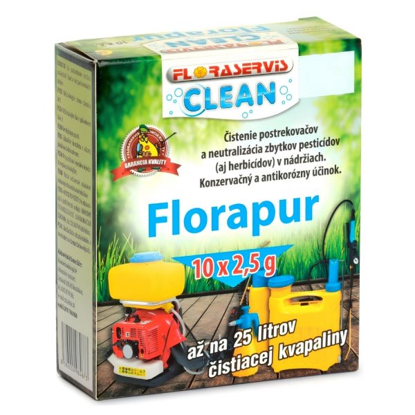 Zelená krabička Florapur na čistenie postrekovačov s vyobrazením žltých a červených záhradných postrekovačov.