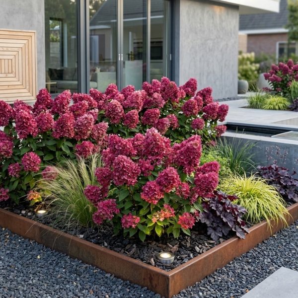 Rusty metal raised garden bed filled with pink hydrangeas, ornamental grasses, and purple-leaf plants beside a modern glass-walled home.