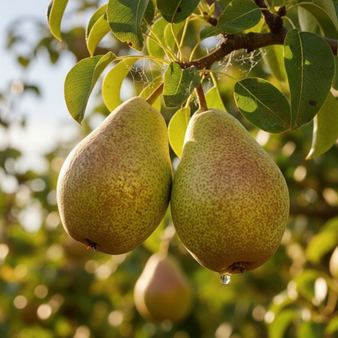 Hruška parížanka zimná | záhradníctvo garden team Two ripe speckled pears hanging from a branch with green leaves in sunlight dew on the bottom pear