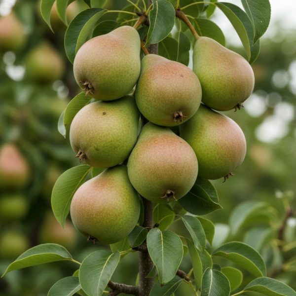 Cluster of green pears ripening on a branch among glossy green leaves.