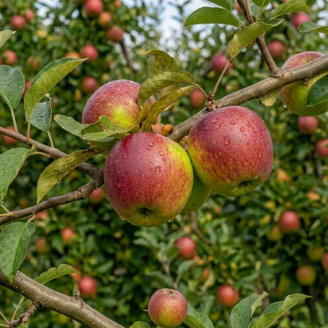 Jabloň coxova reneta zimná | záhradníctvo garden team Dozrievajúce červené jablká odrody jabloň coxova reneta zimná s kvapkami rosy na konári stromu