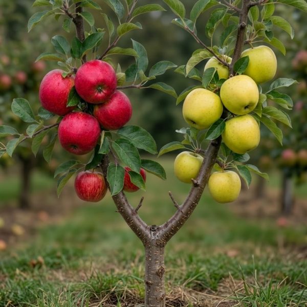 Small apple tree with red apples on the left and yellow-green apples on the right.