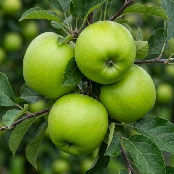 Šťavnaté zelené plody na konári ovocného stromu Jabloň Granny Smith zimná uprostred zelených listov.