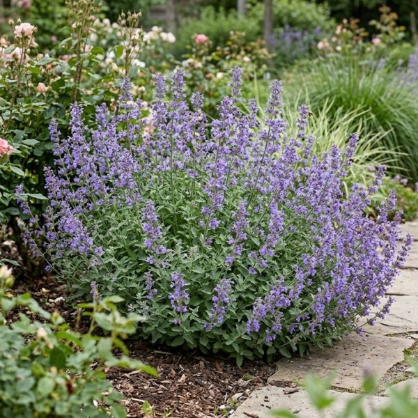 Lavender plant in full bloom with purple flower spikes in a garden bed along a stone path.