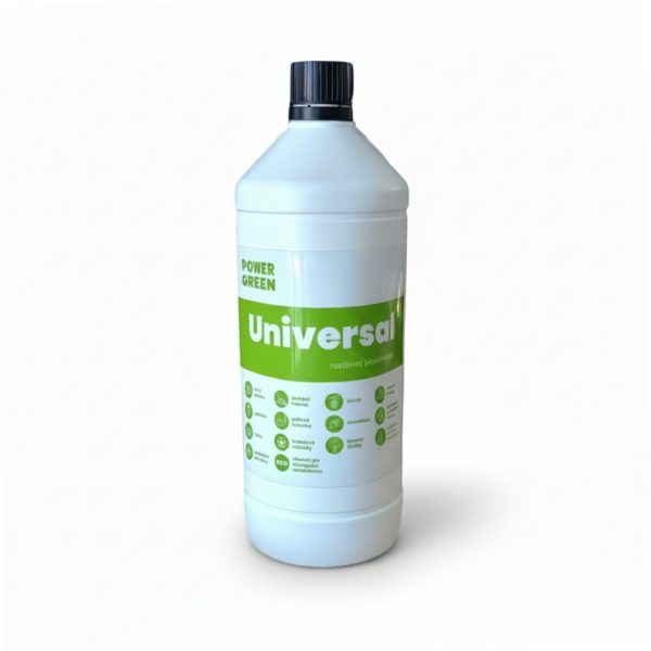 White plastic bottle with a green label reading 'Universal' and a black cap, product for fertilizer or cleaning fluids on a white background.