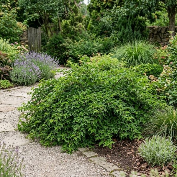 Lush green shrub in a gravel garden path with lavender to the left and various plants in the background.