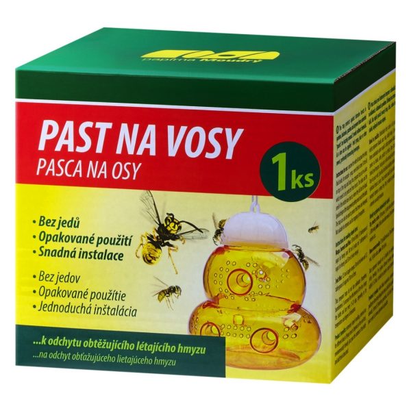 Zelená krabička s produktom pasca na osy - závesná, vyobrazená ako žltá plastová nádobka.