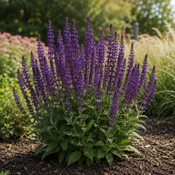 Purple flowering sage (Salvia) with tall vertical spikes in a mulched garden bed