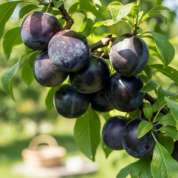 Tmavofialové zrelé plody Slivka Japonská Black Amber stredne skorá na husto obsypanom konári v záhrade.