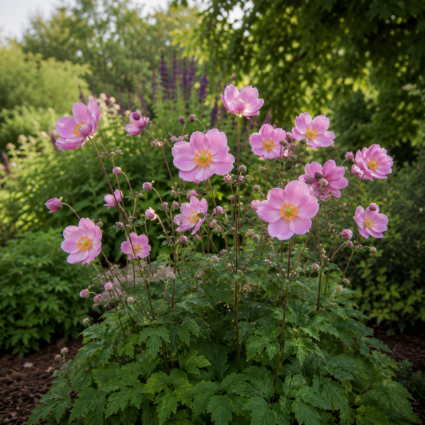 Veternica hupehenská | záhradníctvo garden team Cluster of pink anemone flowers with yellow centers on tall stems in a sunny garden
