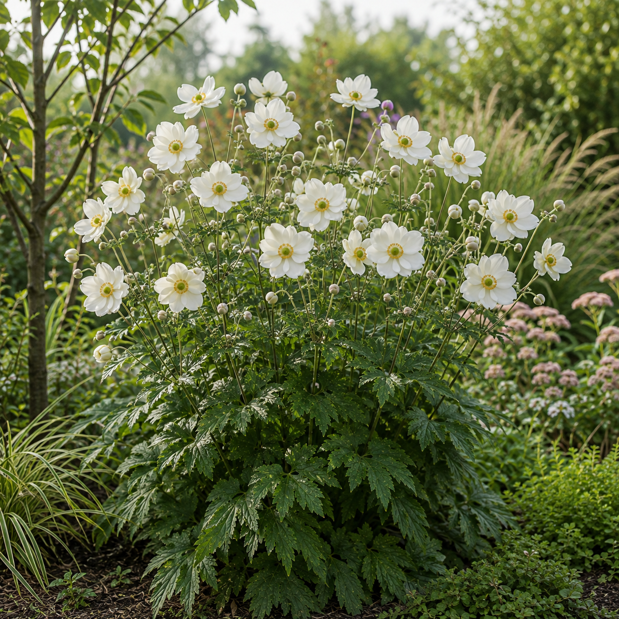 Veternica honorine jobert | záhradníctvo garden team Cluster of white anemone flowers with yellow centers on tall stems set in a lush garden bed