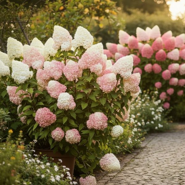 Hortenzia metlinatá Living Pink and Rose v ružových tónoch v záhone pri chodníku