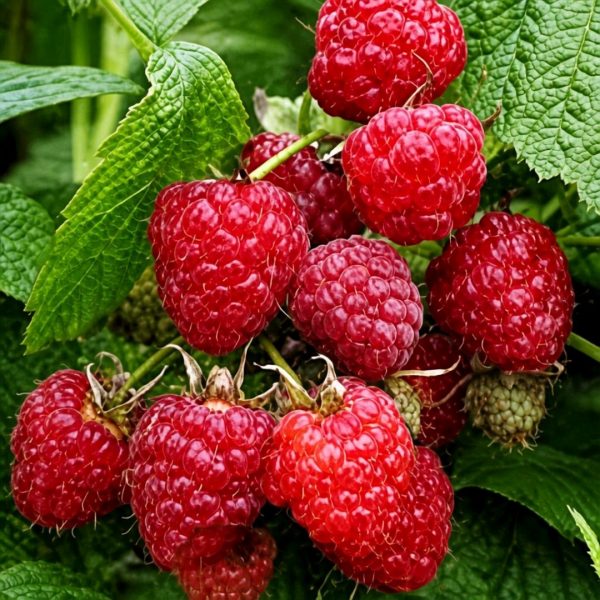 Cluster of bright red raspberries growing on a bush with green leaves before harvest