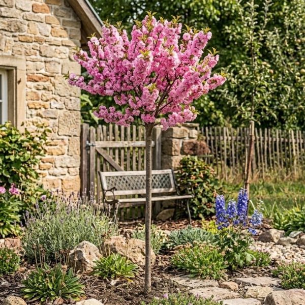 zakvitnutá mandľa trojlaločná prunus triloba na kmienku vo vidieckej záhrade