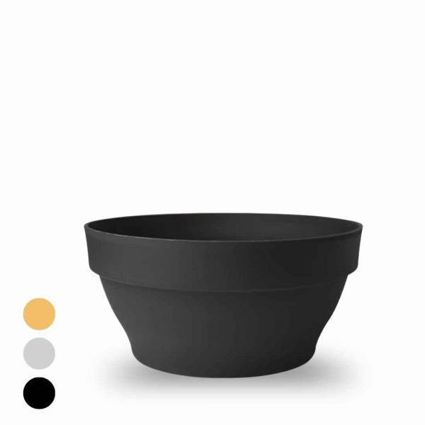 Matte black plant pot with two ridged rims; color swatches—orange, gray, black—shown to left.